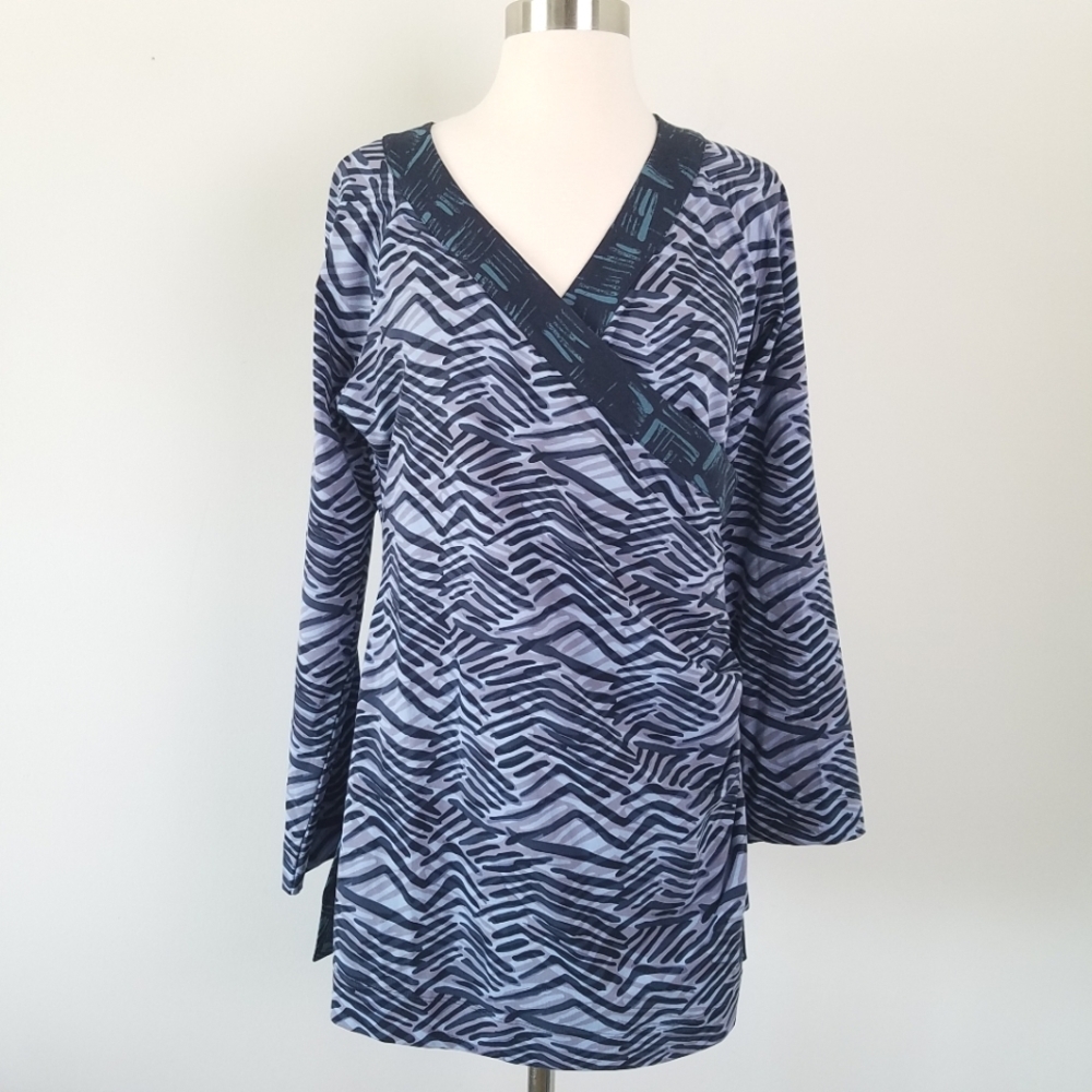 Soft Surroundings Faux Wrap Blue Abstract Print Top, M